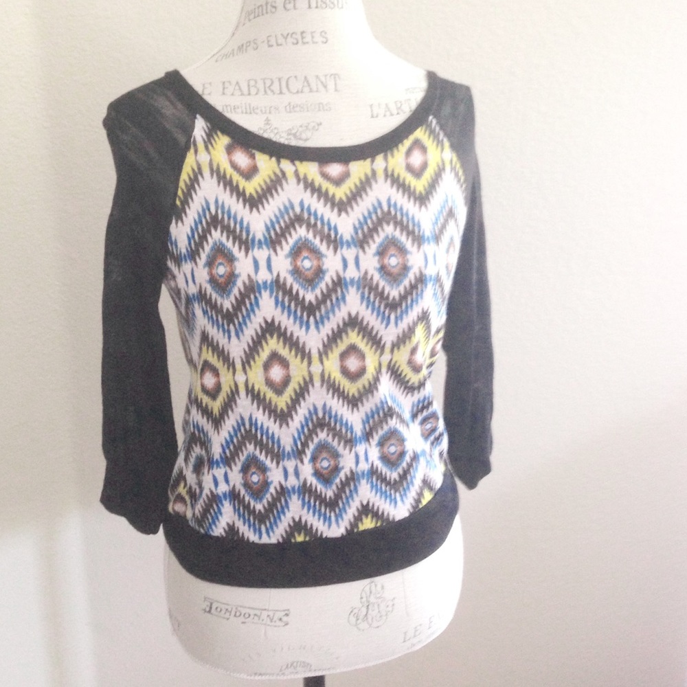 blue and yellow geometric knit top